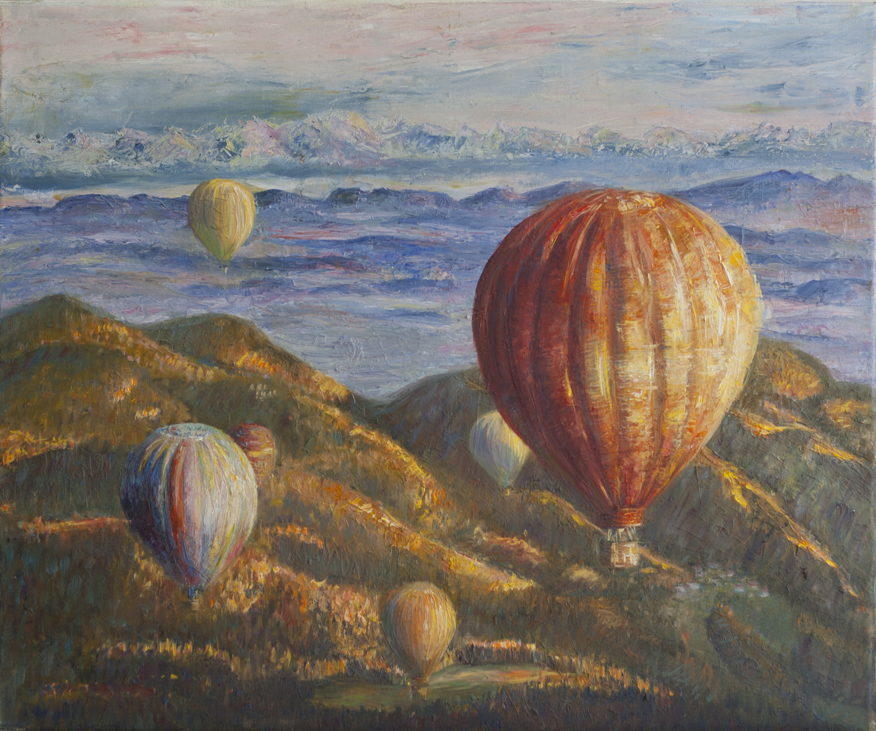 Горный пейзаж с воздушными шарами. Уроки живописи