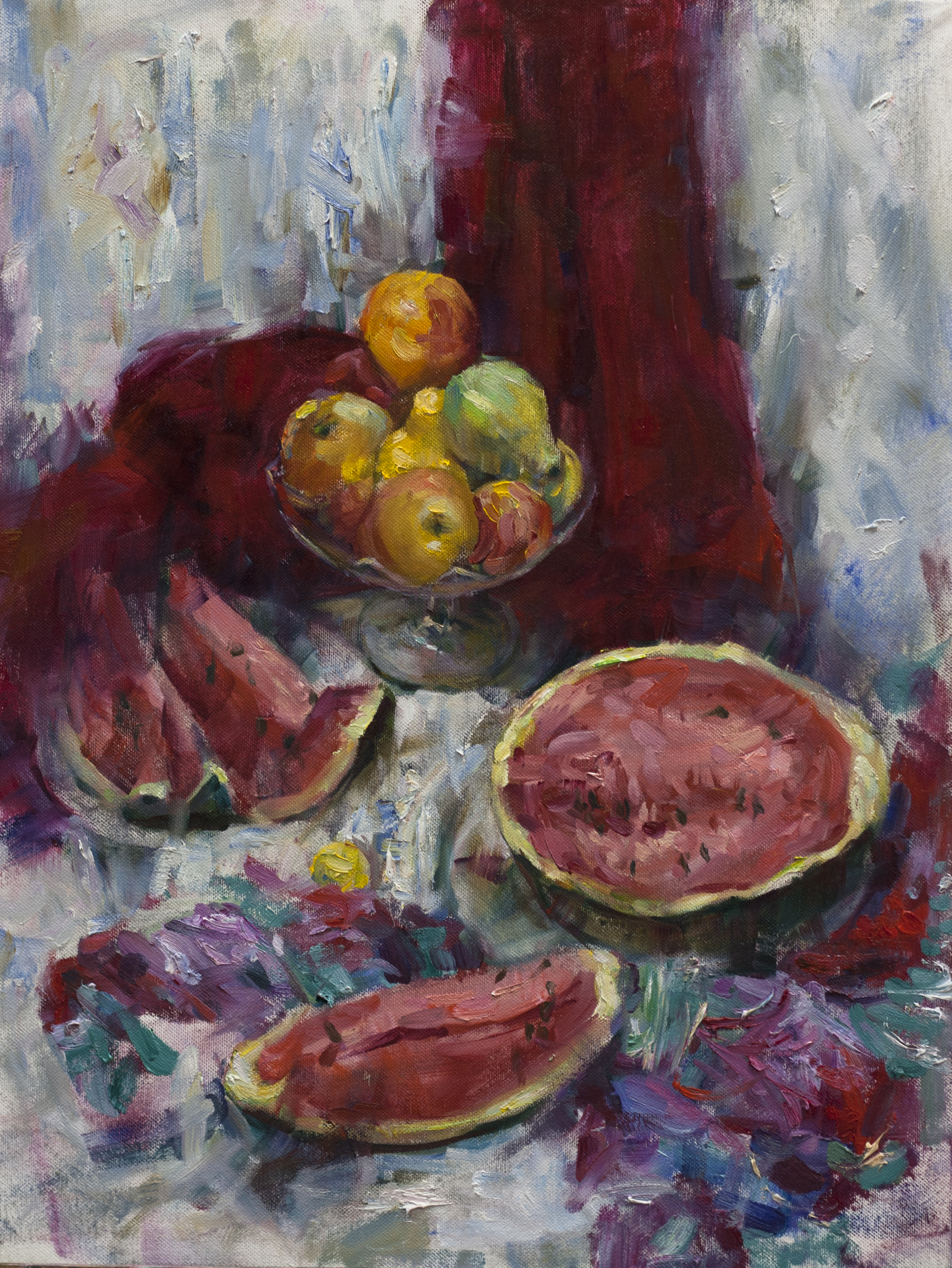 Натюрморт с арбузом и фруктами маслом. Уроки живописи