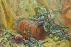 Осенний натюрморт с тыквой и веткой яблони. Учебная живопись 
