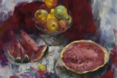 Натюрморт с арбузом и фруктами маслом. Уроки живописи